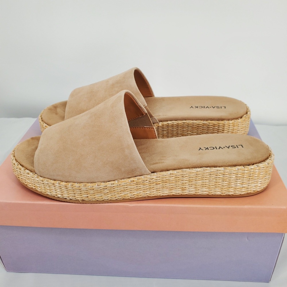 Lisa Vicky Tan Suede Platform Slide Sandals Woven Raffia Midsole Womens 8 New - Picture 6 of 10